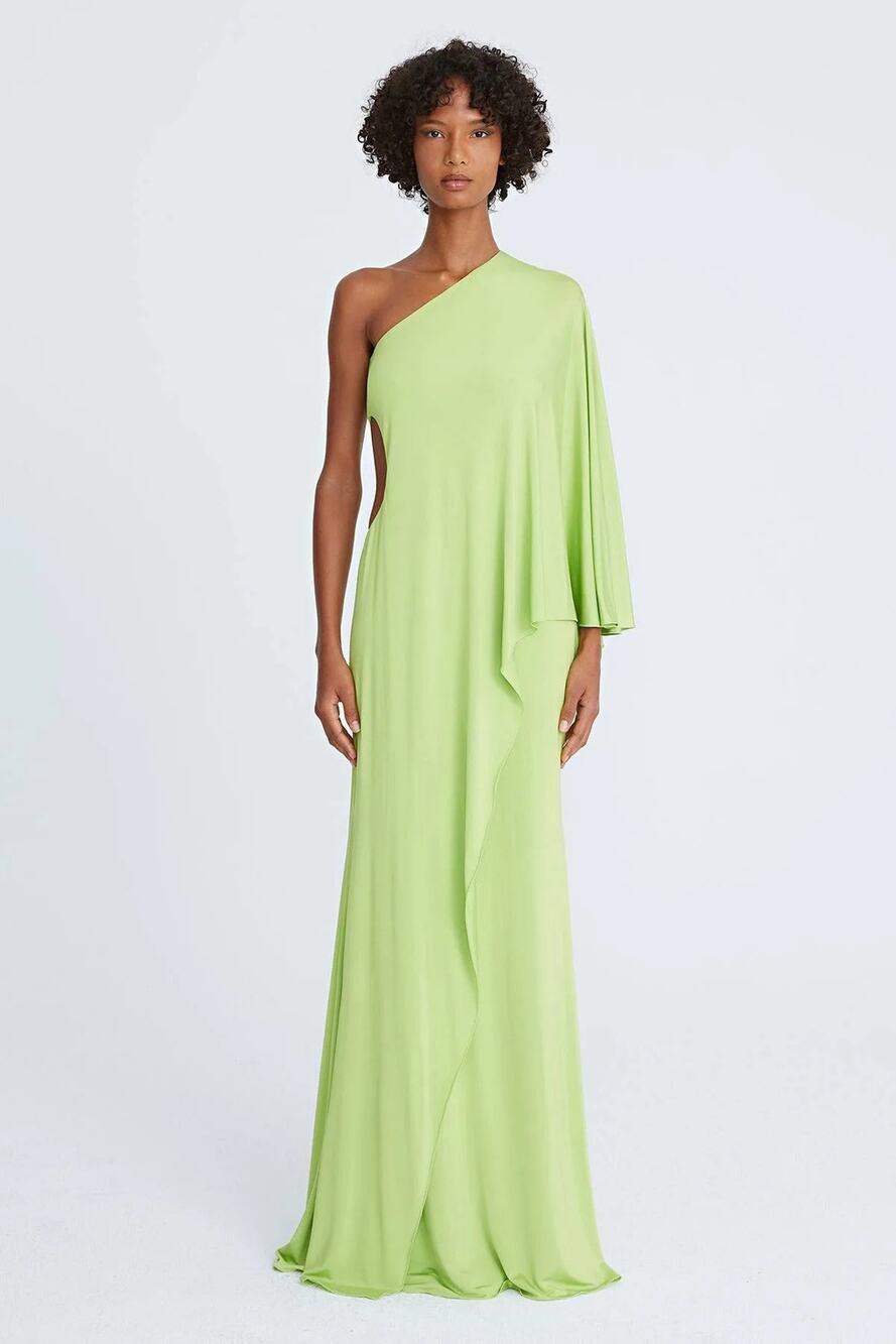 Halston Heritage Neon Green One Shoulder Alyssa Jersey Cascade Maxi Dress Size 6